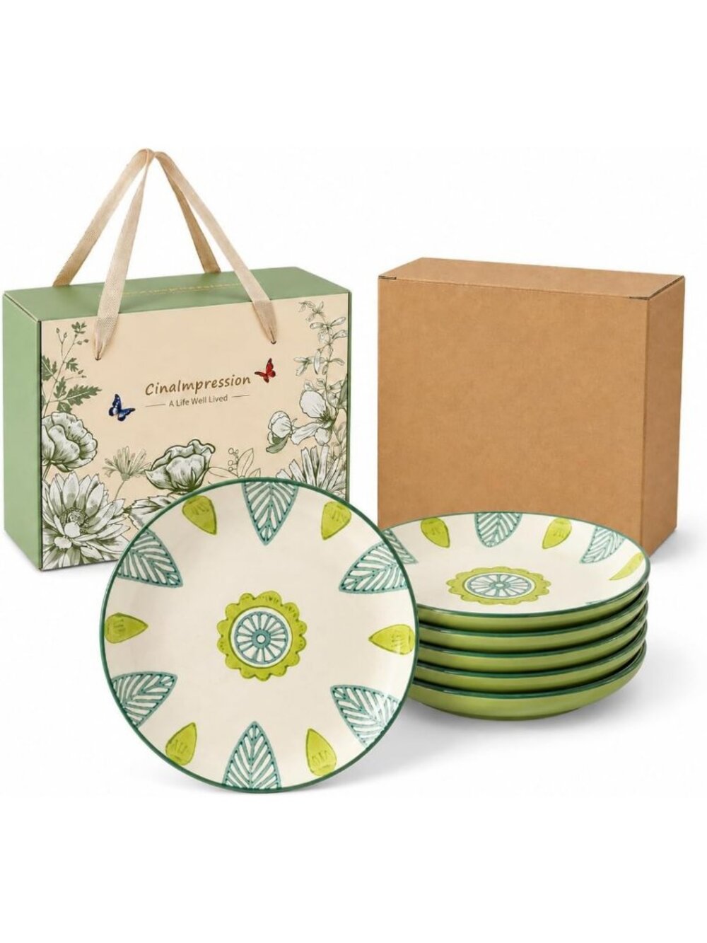 Hand-Painted Ceramic Dessert Plates Set of 6 - Unique 6-Inch Verdant Olive